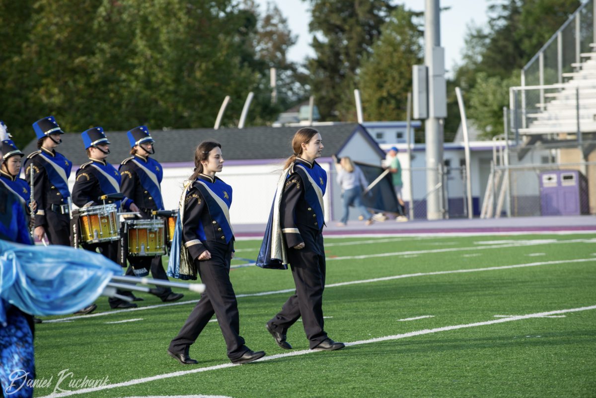 Drum majors Veronica Katsanis (left) and Maya D’Alleva (right) at Phoenixville Competition (Daniel Kucharik)