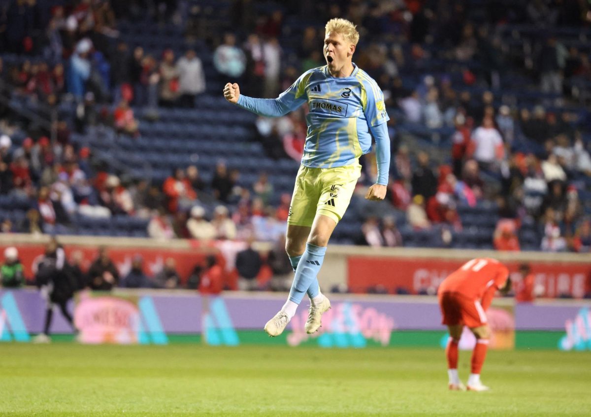 Nov 1, 2025; Bridgeview, Illinois, USA; Philadelphia Union midfielder Jakob Glesnes (5) celebrates after defeating the Chicago Fire FC at SeatGeek Stadium. Mandatory Credit: Talia Sprague-Imagn Images