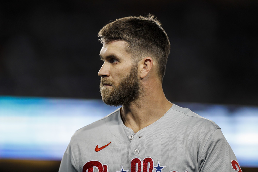 LOS ANGELES, CA - MAY 12: Philadelphia Phillies designated hitter Bryce Harper (3) looks on during a regular season game between the Los Angeles Dodgers and Philadelphia Phillies on May 12, 2022, at Dodger Stadium in Los Angeles, CA. (Photo by Brandon Sloter/Icon Sportswire)