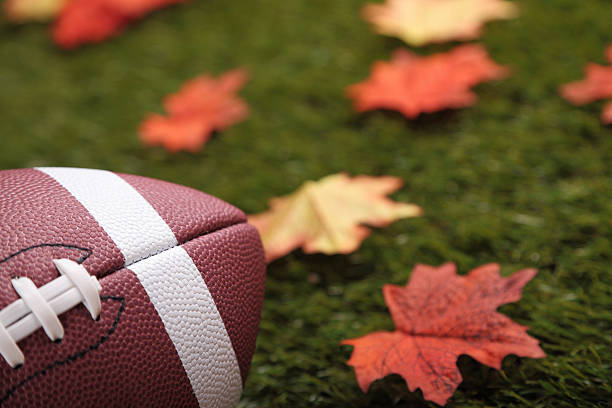 American Football on grass next to some maple leaves (Focus on the ball - Shallow Depth of Field)
