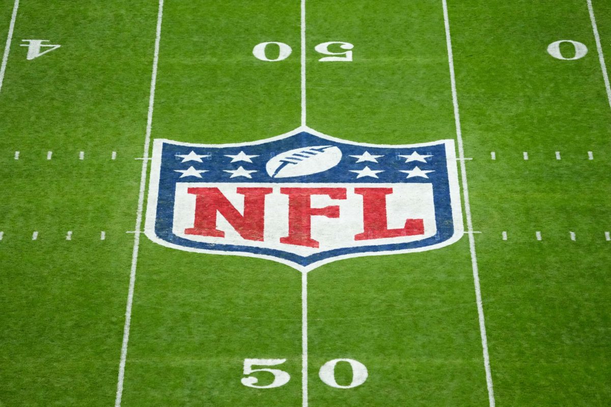 Nov 16, 2025; Madrid, Spain; The NFL logo at midfield is seen prior to the 2025 NFL Madrid Game between the Miami Dolphins and the Washington Commanders at Santiago Bernabeu Stadium. Mandatory Credit: Kirby Lee-Imagn Images
