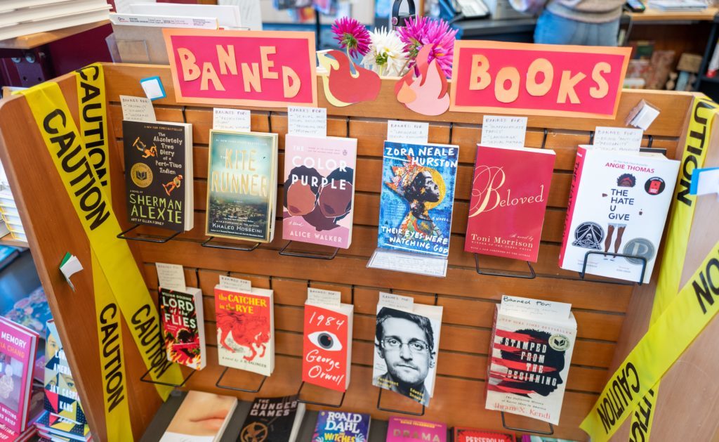 Display of banned books or censored books at Books Inc independent bookstore in Alameda, California, October 16, 2021. (Photo by Smith Collection/Gado/Getty Images)